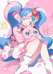 Rule 34 | 1girl, absurdres, bag, beamed eighth notes, beamed sixteenth notes, bull sprite (pokemon), cardigan, character doll, choker, clefairy, clefairy sprite (pokemon), commentary, creatures (company), earrings, eighth note, fairy miku (project voltage), fish sprite (pokemon), flower, game freak, gen 1 pokemon, hair flower, hair ornament, hatsune miku, heart, heart choker, highres, jewelry, jigglypuff, kanvien, leg warmers, long hair, multicolored hair, musical note, nail polish, nintendo, one eye closed, open mouth, pink cardigan, pink nails, poke ball, pokemon, pokemon (creature), project voltage, quarter note, shoulder bag, twintails, two-tone hair, v, very long hair, vocaloid