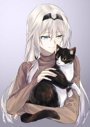 Rule 34 | 1girl, absurdres, alternate costume, an-94 (girls&#039; frontline), animal, blue eyes, brown shirt, cat, closed mouth, girls&#039; frontline, gradient background, grey background, grey hair, highres, holding, holding animal, holding cat, long hair, long sleeves, shirt, smile, solo, suprii, upper body