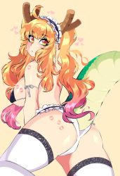 Rule 34 | 1girl, ass, bare shoulders, bikini, breasts, dragon horns, dragon tail, from behind, gradient hair, highres, horns, kobayashi-san chi no maidragon, large breasts, lipstick mark, long hair, looking back, maid headdress, matching hair/eyes, monster girl, multicolored hair, orange eyes, orange hair, panties, pink hair, queen ashi, simple background, solo, swimsuit, tail, thighhighs, thighs, tohru (maidragon), twintails, two-tone hair, underwear, white panties, white thighhighs