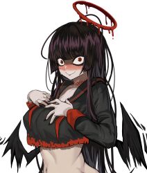 Rule 34 | 1girl, absurdres, black hair, black wings, blue archive, blush, closed mouth, crop top, dark halo, embarrassed, feathered wings, halo, highres, long hair, long sleeves, looking at viewer, loooyd, navel, nose blush, pale skin, red eyes, red halo, school uniform, serafuku, solo, tsurugi (blue archive), upper body, wavy mouth, wings