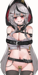 Rule 34 | 1girl, appleseed (appleseed art), arms behind back, black hair, black thighhighs, blush, bottomless, breasts, cleavage, cowboy shot, crop top, ear piercing, grey hair, hair ornament, heart, heart hair ornament, highres, hololive, hood, hood up, large breasts, long hair, looking at viewer, maebari, multicolored hair, open mouth, piercing, red eyes, sakamata chloe, sakamata chloe (1st costume), simple background, solo, streaked hair, thighhighs, torn clothes, torn thighhighs, very long hair, virtual youtuber, white background, x hair ornament