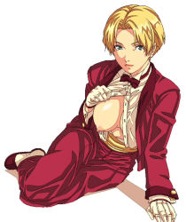 Rule 34 | 1girl, blonde hair, bow, bowtie, breasts, crossdressing, gloves, king (snk), large breasts, md5 mismatch, no bra, open clothes, open shirt, resolution mismatch, ryuuko no ken, shirt, short hair, simple background, snk, solo, source smaller, the king of fighters, tuxedo, wankoro mochi