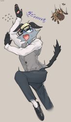 Rule 34 | 1boy, absurdres, animal crossing, animal ears, animal hands, aqua eyes, arm up, artist name, beige background, black-framed eyewear, black footwear, black pants, blonde hair, blue necktie, blush, bug, cat boy, cat ears, cat tail, constricted pupils, cropped legs, english text, fangs, flying sweatdrops, formal, furry, furry male, glasses, grey vest, hand up, heterochromia, highres, japanese text, leg up, light blush, long sleeves, looking up, male focus, motion lines, necktie, nintendo, open mouth, orange eyes, pants, pawpads, raymond (animal crossing), scared, shirt, shoes, short hair, shouting, signature, simple background, socks, solo, spider, standing, standing on one leg, suigi, surprised, sweat, tail, talking, translated, trembling, turn pale, vest, white shirt, white socks