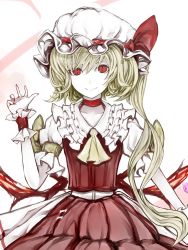 Rule 34 | 1girl, ascot, blonde hair, choker, closed mouth, collarbone, crystal, dress, embellished costume, flandre scarlet, frilled shirt collar, frills, hat, hat ribbon, highres, looking at viewer, mob cap, pale skin, puffy short sleeves, puffy sleeves, red dress, red eyes, red ribbon, ribbon, short sleeves, side ponytail, smile, solo, touhou, upper body, wings, wrist cuffs, yutapon