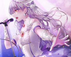 Rule 34 | 1girl, arched back, bang dream!, blue background, blue gemstone, detached sleeves, dress, earrings, flower, from side, gem, hair flower, hair ornament, haiso o, holding, holding microphone, jewelry, lace-trimmed hat, lace trim, long hair, looking to the side, microphone, microphone stand, minato yukina, music, open hand, open mouth, orange eyes, outstretched hand, profile, puffy short sleeves, puffy sleeves, rose, roselia (bang dream!), see-through, see-through sleeves, short sleeves, silver hair, simple background, singing, solo, standing, sweat, teeth, upper body, upper teeth only, very long hair, white dress, white flower, white headwear, white rose, wrist cuffs