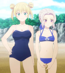 Rule 34 | 2girls, absurdres, beach, bikini, blonde hair, blue bikini, blue eyes, blue one-piece swimsuit, blush, braid, breasts, cleavage, collarbone, double bun, french braid, green eyes, hair bun, hands on own hips, highres, hoshizaki rika (kanojo mo kanojo), kanojo mo kanojo, kiryuu shino, large breasts, looking at viewer, looking to the side, multiple girls, navel, one-piece swimsuit, screencap, sidelocks, small breasts, smile, stitched, stomach, swimsuit, thighs, third-party edit, white hair