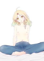 Rule 34 | 1girl, ahoge, alternate costume, arm support, barefoot, bed sheet, blonde hair, blush, bow, braid, collarbone, denim, flat chest, gradient hair, green hair, hair bow, head tilt, highres, indian style, jeans, kirisame marisa, leaning back, long hair, looking at viewer, multicolored hair, navel, nipples, nirap, no headwear, open mouth, pants, parted bangs, side braid, simple background, sitting, solo, toenails, topfreedom, topless, touhou, white background, white bow, yellow eyes