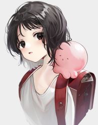 Rule 34 | 1girl, absurdres, amanai daisy, backpack, bag, black hair, blouse, brown eyes, character request, commentary, creature, creature on shoulder, highres, kuze shizuka, looking at viewer, on shoulder, open mouth, photo (object), randoseru, shirt, short hair, simple background, solo, symbol-only commentary, takopii no genzai, upper body, white background, white shirt