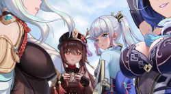 Rule 34 | 4girls, arm guards, armor, arms up, ayaka (genshin impact), black gloves, black hair, black headwear, black nails, blue capelet, blue dress, blue eyes, blue hair, blunt bangs, bodysuit, breast curtain, breast envy, breastplate, breasts, brown coat, brown hair, capelet, cleavage, clothing cutout, coat, dice, dress, elbow gloves, flower, flower knot, genshin impact, gloves, grey hair, hair between eyes, hair ribbon, hands on own chest, hat, hat flower, highres, hu tao (genshin impact), large breasts, light blue hair, long hair, looking at breasts, mole, mole on breast, mole under eye, multicolored hair, multiple girls, nail polish, neck tassel, open mouth, parted lips, ponytail, red eyes, revision, ribbon, shenhe (genshin impact), short hair, shoulder cutout, sky, sleeveless, sleeveless dress, small breasts, smile, symbol-shaped pupils, tress ribbon, ttkaki, twintails, two-tone hair, upper body, vision (genshin impact), yelan (genshin impact)
