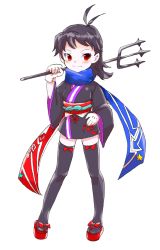 Rule 34 | 1girl, adapted costume, ahoge, bad id, bad pixiv id, black hair, black thighhighs, chamaruk, female focus, gloves, houjuu nue, japanese clothes, kimono, long hair, okobo, on shoulder, over shoulder, polearm, red eyes, sandals, scarf, short kimono, simple background, smile, solo, spear, tabi, thighhighs, touhou, trident, weapon, weapon over shoulder, white background, zettai ryouiki