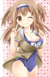 Rule 34 | 10s, 1girl, breasts, brown eyes, cleavage, clothes writing, hairband, heart, i-26 (kancolle), kantai collection, kurun (kurun777), large breasts, light brown hair, long hair, looking at viewer, name tag, new school swimsuit, old school swimsuit, one-piece swimsuit, one eye closed, open clothes, polka dot, polka dot background, sailor collar, school swimsuit, short sleeves, smile, solo, swimsuit, swimsuit under clothes, tongue, tongue out, two-tone hairband, two side up, v