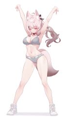 Rule 34 | 1girl, absurdres, animal ear fluff, animal ears, arms up, blush, bra, breasts, choker, cleavage, closed eyes, closed mouth, full body, grey bra, grey panties, highres, large breasts, long hair, narynn, original, panties, shoes, simple background, smile, solo, standing, tail, thighs, underwear, white background, white footwear, white hair