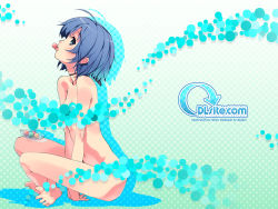 Rule 34 | 1girl, ahoge, aqua background, barefoot, blue hair, breasts, cleavage, dlsite.com, eating, elle sweet, feet, from side, halftone, head tilt, highres, refeia, short hair, sitting, solo, spread toes, toes, tongue, tongue hold, topless, watermark, web address