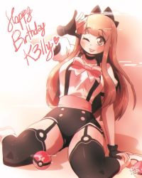 Rule 34 | 1girl, arm up, black gloves, black shorts, black thighhighs, blonde hair, blunt bangs, breasts, brown eyes, closed mouth, collarbone, creatures (company), game freak, garter straps, gloves, highres, large breasts, long hair, looking at viewer, micro shorts, nintendo, one eye closed, partially fingerless gloves, poke ball, pokemon, ryou sakai, shoes, short sleeves, shorts, sneakers, solo, thighhighs, tongue, tongue out, white footwear