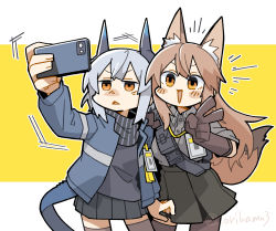 Rule 34 | 2girls, animal ears, arknights, black shirt, black skirt, black thighhighs, blue jacket, brown eyes, brown gloves, brown hair, cellphone, collared shirt, cowboy shot, dragon girl, dragon horns, dragon tail, fox ears, fox girl, fox tail, franka (arknights), gloves, grey hair, grey shirt, highres, holding, holding phone, horns, id card, jacket, konno akikaze, liskarm (arknights), long hair, miniskirt, multiple girls, open clothes, open jacket, open mouth, phone, pleated skirt, selfie, shirt, shirt tucked in, simple background, skirt, smartphone, tail, thighhighs, triangle mouth, twitter username, two-tone background, v, v-shaped eyebrows, white background, yellow background
