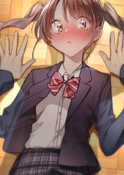 Rule 34 | 1boy, 1girl, black jacket, blazer, blush, bow, boy on top, breasts, brown hair, collared shirt, dress shirt, highres, jacket, long sleeves, looking at viewer, lying, multicolored bow, on back, open clothes, open jacket, open mouth, original, partially unbuttoned, pov, red bow, rinku (rin9), school uniform, shirt, short hair, skirt, solo focus, twintails, unbuttoned, unbuttoned shirt, white bow, white shirt
