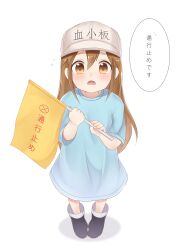 Rule 34 | 1girl, absurdres, baseball cap, blush, boots, brown eyes, brown hair, child, flag, flying sweatdrops, from above, frown, hat, hataraku saibou, highres, holding, holding flag, long hair, looking at viewer, open mouth, platelet (hataraku saibou), shirt, short sleeves, simple background, solo, t-shirt, translation request, very long hair, white background, yutuka01
