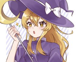 Rule 34 | + +, 1girl, blonde hair, blush, bow, buttons, crescent, dress, hat, hat bow, highres, kirisame marisa, kirisame marisa (pc-98), long hair, milll 77, moon, one-hour drawing challenge, open mouth, puffy short sleeves, puffy sleeves, purple dress, purple hat, short sleeves, sidelocks, staff, star (symbol), sweat, touhou, touhou (pc-98), white bow, witch hat