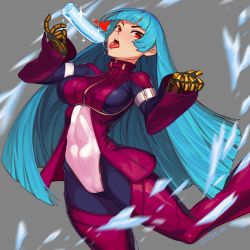 Rule 34 | 1girl, absurdres, belt, blowing, blue hair, bodysuit, breasts, commission, cryokinesis, fellatio, food, gloves, grey background, highres, ice, implied fellatio, kula diamond, long hair, looking at viewer, medium breasts, oral, oral invitation, phallic symbol, popsicle, purple eyes, saliva, sexually suggestive, simple background, simulated fellatio, the king of fighters, tongue, tongue out, ttt (titatuem), zipper