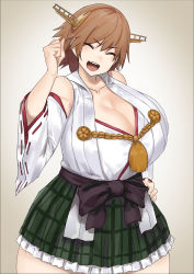 Rule 34 | 1girl, absurdres, alternate breast size, bare shoulders, breasts, brown hair, cleavage, clenched hand, closed eyes, curvy, detached sleeves, frilled skirt, frills, gigantic breasts, green skirt, grey background, hand on own hip, headgear, hiei (kancolle), hiei kai ni (kancolle), highres, huge breasts, japanese clothes, kantai collection, long sleeves, nontraditional miko, open mouth, plaid, plaid skirt, ribbon-trimmed sleeves, ribbon trim, short hair, simple background, skirt, smile, solo, thick thighs, thighs, uru (uru0000)
