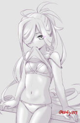 Rule 34 | 1girl, ahoge, asashimo (kancolle), bra, camisole, camisole lift, clothes lift, commentary request, cowboy shot, ebifly, kantai collection, long hair, monochrome, mouth hold, one-hour drawing challenge, panties, ponytail, solo, twitter username, underwear