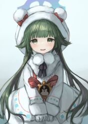 Rule 34 | 1girl, absurdres, black skirt, blue archive, bow, brown footwear, coat, gloves, green eyes, green hair, grey eyes, halo, hands up, highres, hood, hood up, hooded coat, long hair, long sleeves, looking at viewer, momiji (blue archive), pom pom (clothes), red bow, skirt, solo, teruriu, twintails, very long hair, white coat, white gloves, winter clothes, winter coat