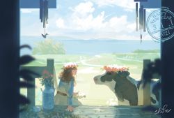 Rule 34 | 1girl, brown hair, cloud, cow, dated, day, dress, eye contact, happy new year, head wreath, looking at animal, looking at another, new year, original, outdoors, porch, scenery, shigre, solo, vase, wind chime