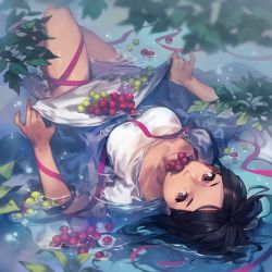 Rule 34 | 1girl, afloat, black hair, blurry, breasts, brown eyes, cranberries, depth of field, food, fruit, grapes, highres, leaf, lee hyeseung, long hair, looking at viewer, lying, on back, original, parted bangs, partially submerged, ribbon, skirt hold, solo, upside-down, water, wet, wet clothes