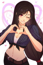 Rule 34 | 1girl, belt, belt buckle, black hair, blush, breasts, buckle, caminukai, cleavage, crop top, earrings, final fantasy, final fantasy vii, final fantasy vii rebirth, final fantasy vii remake, heart, heart hands, jewelry, large breasts, long hair, looking at viewer, low-tied long hair, midriff, navel, official alternate costume, one eye closed, parted lips, red eyes, shirt, short shorts, shorts, single earring, solo, sparkle, striped clothes, striped shirt, swept bangs, teardrop earrings, tied shirt, tifa lockhart, tifa lockhart (majestic glamour), upper body, vertical-striped clothes, vertical-striped shirt