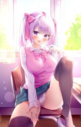 Rule 34 | 1girl, :d, absurdres, black thighhighs, blush, breasts, chair, collared shirt, commentary, curtains, desk, green skirt, hair ribbon, highres, holding, holding phone, large breasts, long hair, looking at viewer, momochi chia, open mouth, original, panties, phone, pink sweater vest, plaid, plaid skirt, pleated skirt, purple eyes, purple hair, ribbon, school chair, school desk, school uniform, shirt, shoe dangle, sitting, skirt, smile, solo, sweater vest, thighhighs, thighs, twintails, underwear, white panties, white shirt, window, wing hair ornament