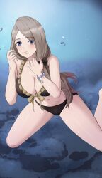 Rule 34 | 1girl, air bubble, amayo thranana, bikini, blonde hair, blue eyes, breasts, brown bikini, bubble, cleavage, commission, diving, fire emblem, fire emblem: three houses, fire emblem heroes, garreg mach monastery uniform, hair over shoulder, highres, large breasts, long hair, low-tied long hair, low ponytail, mercedes von martritz, nintendo, official alternate costume, orange hair, skeb commission, swimsuit, underwater