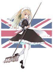 Rule 34 | 1girl, alternate costume, apron, black dress, black footwear, blonde hair, blue eyes, dress, enmaided, frilled apron, frilled dress, frills, full body, highres, holding, holding mop, jervis (kancolle), juliet sleeves, kantai collection, long hair, long sleeves, maid, maid apron, maid headdress, matsutani, mop, open mouth, pantyhose, puffy sleeves, shoes, smile, solo, teeth, union jack, upper teeth only, white apron, white pantyhose