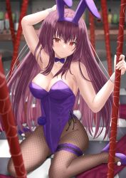 Rule 34 | 1girl, animal ears, arm up, armpits, bare arms, bare shoulders, blush, bow, bowtie, breasts, checkered floor, cleavage, detached collar, fake animal ears, fate/grand order, fate (series), fishnet pantyhose, fishnets, gae bolg (fate), hair between eyes, hand up, high heels, highleg, highleg leotard, highres, kazama (akki12), large breasts, leotard, long hair, looking at viewer, official alternate costume, on floor, pantyhose, parted lips, playboy bunny, polearm, purple bow, purple bowtie, purple footwear, purple hair, purple leotard, rabbit ears, rabbit tail, red eyes, scathach (fate), scathach (piercing bunny) (fate), sitting, solo, spear, straight hair, strapless, strapless leotard, thighs, type-moon, very long hair, wariza, weapon, wrist cuffs