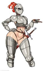 Rule 34 | 1girl, abs, armor, breastplate, cleft of venus, curvy, dagger, female focus, female knight, gloves, hands on own hips, helmet, highres, kardia (nisetanaka), knife, knight, navel, nisetanaka, no panties, pussy, simple background, solo, stomach, sword, tagme, uncensored, weapon, wide hips