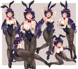 Rule 34 | 1girl, animal ears, aqua eyes, armpits, arms up, black leotard, black pantyhose, border, bow, bowtie, breasts, cleavage, closed eyes, cowboy shot, detached collar, facing viewer, fake animal ears, feet out of frame, full body, grey background, highres, kurokawa makoto, large breasts, leotard, long hair, looking at viewer, love live!, love live! school idol project, low twintails, multiple views, pantyhose, parted bangs, playboy bunny, purple hair, rabbit ears, rabbit tail, red bow, red bowtie, sitting, smile, standing, strapless, strapless leotard, swept bangs, tail, thighband pantyhose, tojo nozomi, twintails, two-tone background, white border, wrist cuffs, yokozuwari