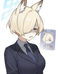 Rule 34 | 1girl, alternate hair length, alternate hairstyle, animal ears, blonde hair, blue archive, blue eyes, blue jacket, blue necktie, formal, frown, halo, highres, jacket, kanna (blue archive), kanna (young) (blue archive), looking at viewer, necktie, official alternate hairstyle, shaded face, sharp teeth, shirt, short hair, simple background, solo, suit, teeth, uhuhu, white background, white shirt