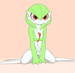 Rule 34 | 1girl, arm support, bob cut, breasts, cleavage, collarbone, creatures (company), full body, game freak, gardevoir, gen 3 pokemon, green hair, kneeling, looking up, medium breasts, mrploxykun, navel, nintendo, own hands together, pink background, pokemon, pokemon (creature), pokemon rse, pussy, red eyes, short hair, simple background, sitting, smile, solo, spread legs, uncensored