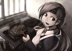 Rule 34 | 10s, 1girl, apron, brown eyes, brown hair, chitose (kancolle), cooking, hair ribbon, headband, hetza (hellshock), kantai collection, long hair, looking back, open mouth, ponytail, ribbon, smile, solo, stove, window