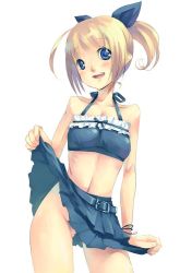 Rule 34 | 1girl, blonde hair, blue eyes, bow, clothes lift, hair bow, lifted by self, midriff, mikage sekizai, no panties, original, skirt, skirt lift, solo