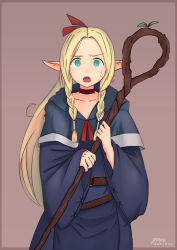 Rule 34 | 1girl, blonde hair, blue robe, border, braid, brown background, capelet, dated, dungeon meshi, elf, ginn (carter51219), green eyes, holding, holding staff, hood, hooded capelet, long hair, looking at viewer, marcille donato, maroon background, outside border, pointy ears, robe, solo, staff, twin braids, very long hair, wizard