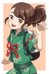 Rule 34 | 1girl, arm at side, backpack, bag, border, brown eyes, brown hair, child, clenched hand, collarbone, creatures (company), eyebrows, eyebrows hidden by hair, eyelashes, female focus, flat chest, game freak, hand up, happy, japanese clothes, jinbei (clothes), juliana (pokemon), long hair, looking at viewer, matching hair/eyes, morisawa machi, neck, nintendo, official alternate costume, official alternate hairstyle, open mouth, orange background, pokemon, pokemon sv, short sleeves, shorts, side ponytail, sidelocks, standing, swept bangs, traditional clothes, waving, white border, wide sleeves
