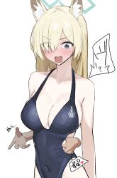 Rule 34 | !?, ..., 1girl, 1other, absurdres, alternate costume, animal ear fluff, animal ears, bare shoulders, blonde hair, blue archive, blue eyes, blue one-piece swimsuit, blush, breasts, cleavage, clothing cutout, collarbone, commentary, covered navel, dark skin, dio nand, disembodied hand, dog ears, dog girl, eyes visible through hair, full-face blush, grabbing, grabbing from behind, hair over one eye, highleg, highleg swimsuit, highres, kanna (blue archive), large breasts, long hair, looking down, nose blush, one-piece swimsuit, open mouth, sharp teeth, simple background, spoken ellipsis, surprised, swimsuit, teeth, upper body, v-shaped eyebrows, wavy eyes, white background