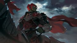 Rule 34 | 1boy, armor, belt, blanco026, blurry, blurry foreground, cape, cloud, cloudy sky, commentary request, dark, dark skin, depth of field, ear piercing, frayed clothes, ganondorf, glowing, glowing eyes, grin, headpiece, highres, holding, holding reins, horse, horseback riding, looking away, looking to the side, male focus, nintendo, outdoors, piercing, red cape, red eyes, red hair, reins, riding, short hair, shoulder armor, sideburns, signature, sky, slit pupils, smile, solo focus, the legend of zelda, the legend of zelda: ocarina of time, thick eyebrows, twitter username, very short hair