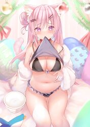 Rule 34 | animal ears, bare shoulders, black bra, black panties, bra, breasts, cameltoe, cat ears, cat girl, cat tail, cleavage, cleft of venus, clothes in mouth, clothes lift, hair bun, highres, long hair, medium breasts, meito harmren, mouth hold, navel, panties, pink hair, shirt, shirt in mouth, shirt lift, stomach, tagme, tail, underwear, very long hair