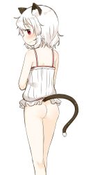 Rule 34 | 1girl, animal ears, ass, bare legs, bare shoulders, blush, bottomless, camisole, cat ears, cat tail, from behind, highres, looking at viewer, looking back, muku (muku-coffee), original, red eyes, shiro (muku), short hair, solo, standing, tail, wavy mouth, white hair