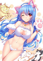 Rule 34 | &gt; &lt;, 1girl, ;q, animal, animal ears, animal hands, bell, bison cangshu, blue hair, bow, bra, breasts, cat, cat cutout, cat ears, cat lingerie, cat paws, choker, cleavage cutout, closed eyes, closed mouth, clothing cutout, collarbone, commentary request, dutch angle, eyes visible through hair, fake animal ears, gluteal fold, hair bow, highres, long hair, medium breasts, meme attire, navel, neck bell, one eye closed, open mouth, panties, paw print, pink bow, quincy (warship girls r), red eyes, ribbon, smile, solo, standing, stomach, tail, tail ornament, tail ribbon, tongue, tongue out, underwear, underwear only, very long hair, warship girls r, wavy hair, white bra, white choker, white panties