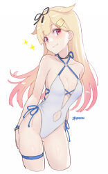Rule 34 | 1girl, artist name, black ribbon, blonde hair, blue ribbon, blush, breasts, closed mouth, clothing cutout, collarbone, cropped legs, dan (kumadan), fang, gradient hair, hair flaps, hair ornament, hair ribbon, hairclip, highres, kantai collection, long hair, medium breasts, multicolored hair, navel, navel cutout, o-ring, o-ring swimsuit, one-piece swimsuit, red eyes, ribbon, signature, simple background, solo, sparkle, swimsuit, thigh strap, twitter username, white background, white one-piece swimsuit, yuudachi (kancolle), yuudachi kai ni (kancolle)