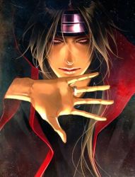 Rule 34 | 1boy, black hair, close-up, coat, glowing, glowing eyes, headband, jewelry, lily (artist), lips, long hair, lowres, male focus, naruto, naruto (series), pink eyes, ring, smile, solo, trench coat, uchiha itachi