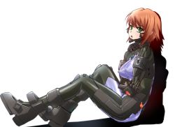Rule 34 | 1girl, anett hosenfeld, bodysuit, boots, breasts, covered erect nipples, crossed arms, emblem, genya (genya67), green eyes, highres, large breasts, muv-luv, muv-luv alternative, open mouth, pilot suit, red hair, schwarzesmarken, shadow, short hair, simple background, sitting, sketch, skin tight, solo