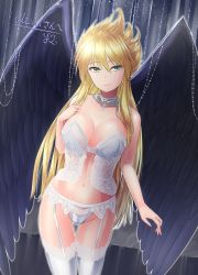 Rule 34 | 1girl, absurdres, angel wings, artist name, blonde hair, bra, breasts, breath of fire, breath of fire ii, bridal lingerie, choker, closed mouth, commission, commissioner upload, feathered wings, feathers, garter belt, green eyes, highres, huge filesize, lace, lace-trimmed bra, lace-trimmed legwear, lace-trimmed panties, lace trim, large breasts, lingerie, long hair, looking at viewer, nina (breath of fire ii), panties, purple feathers, purple wings, signature, skeb commission, smile, solo, standing, tagme, underwear, underwear only, white bra, white legwear, white panties, wings, y2